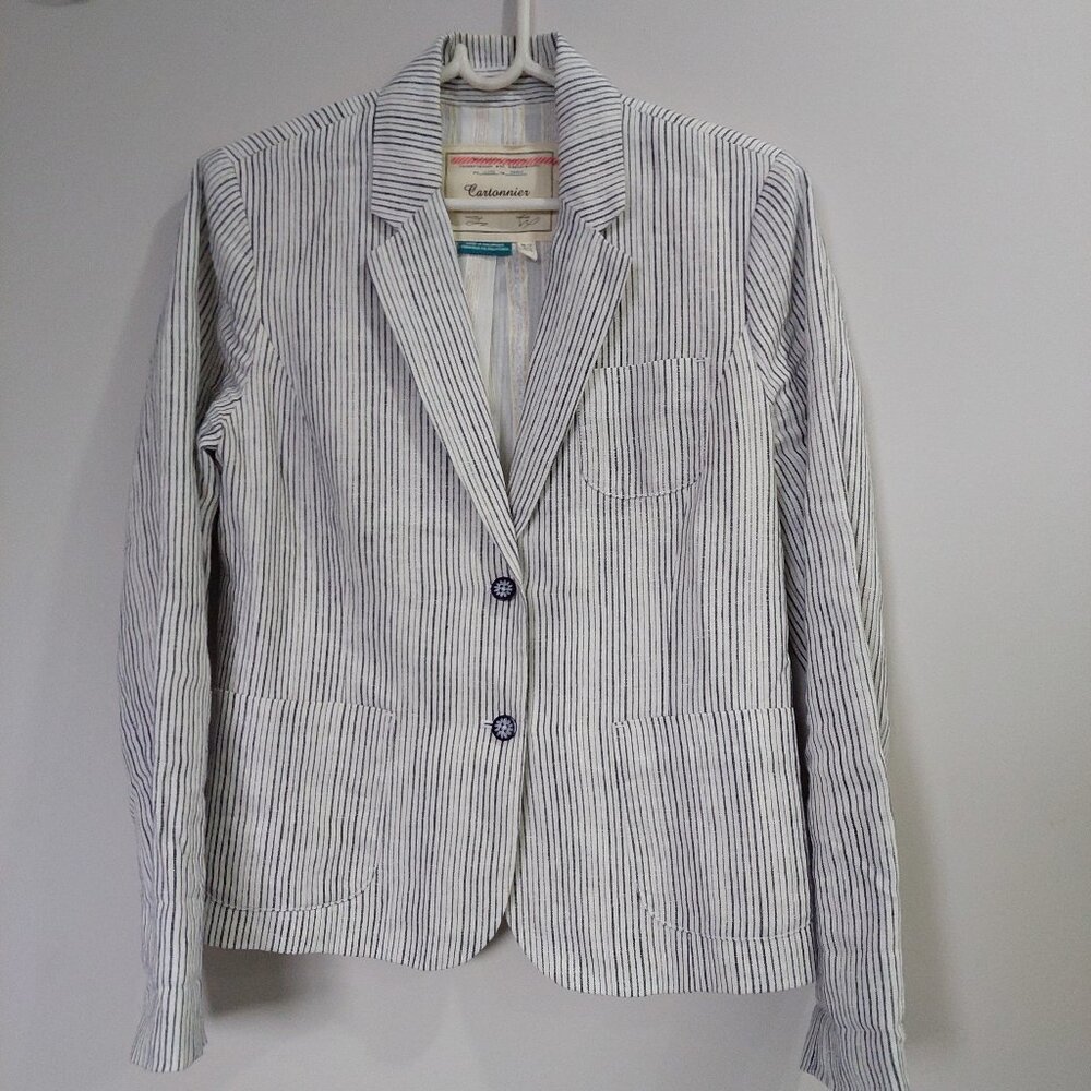 Anthropologie Cartonnier Women's Sz 6 100% linen Navy White Beachy Blazer